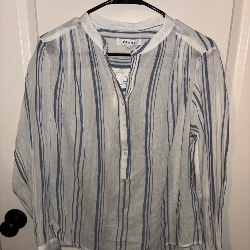 Frame Denim Women’s White and Blue Striped Button Down Shirt